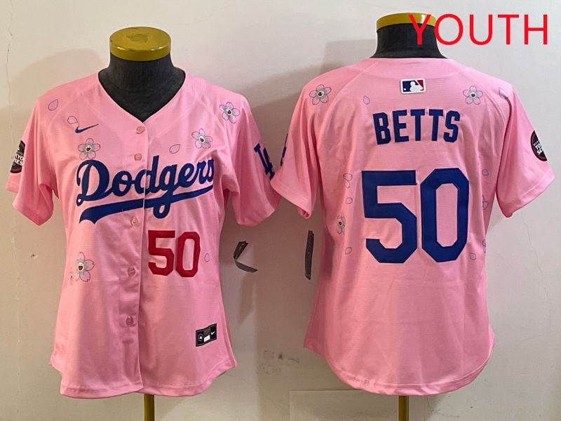 Youth Los Angeles Dodgers #50 Betts Pink Sakura Edition 2025 Nike MLB Jersey style 2
